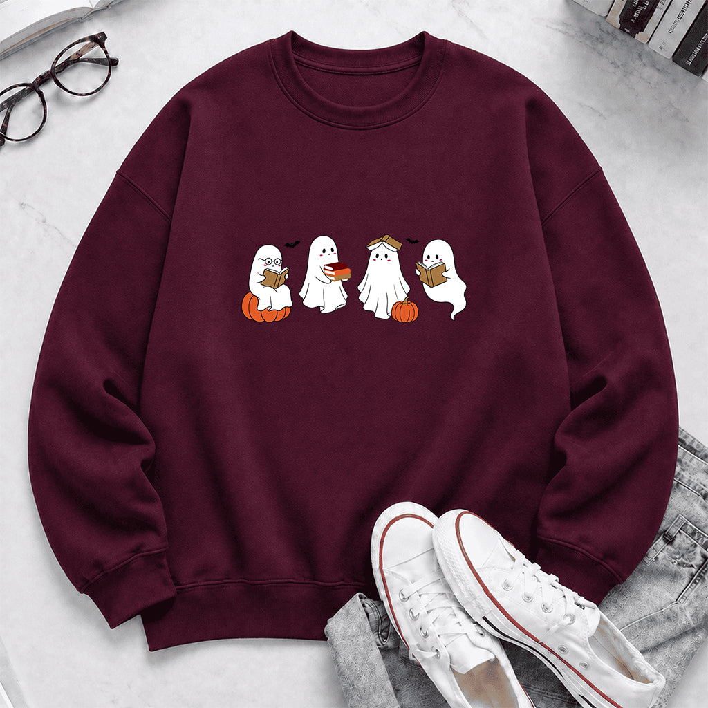 Halloween Ghosts Reading Printed Sweatshirt | Spooky Book Lover Gift Maroon