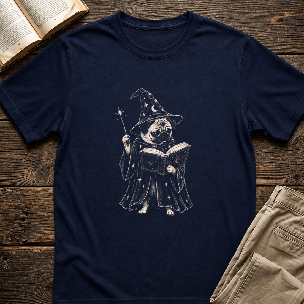 Cute Pug Witch Reading Book Printed T-Shirt | Halloween Book & Dog Lover Gift Navy