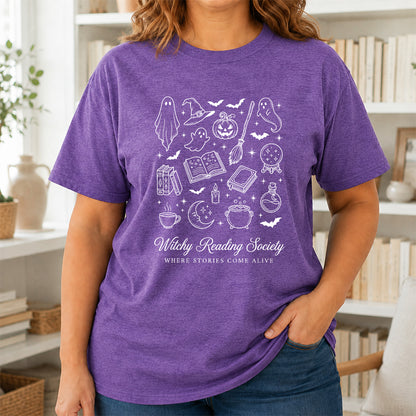 Witchy Reading Society Printed T-Shirt | Halloween Reader Gift Heather Purple