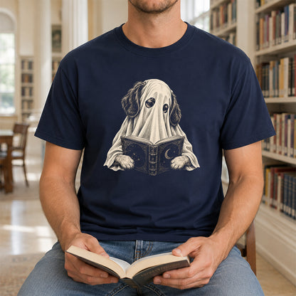 Reading Ghost Dog Printed T-Shirt | Halloween Dog Lover Gift Navy