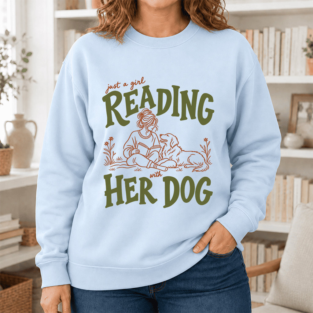 Just A Girl Reading With Her Dog Crewneck Sweatshirt | Reader Gift Light Blue