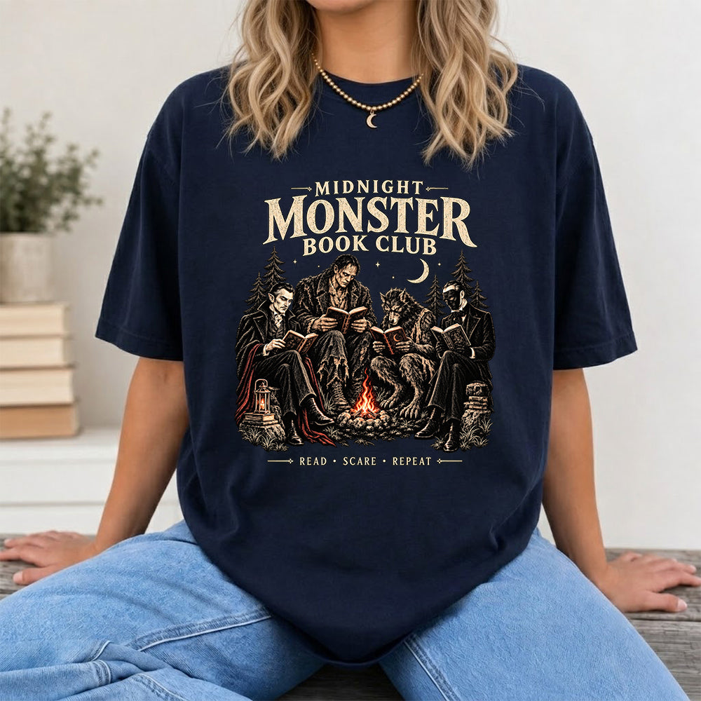 Midnight Monster Book Club Printed T-Shirt | Halloween Book Lover Gift Navy