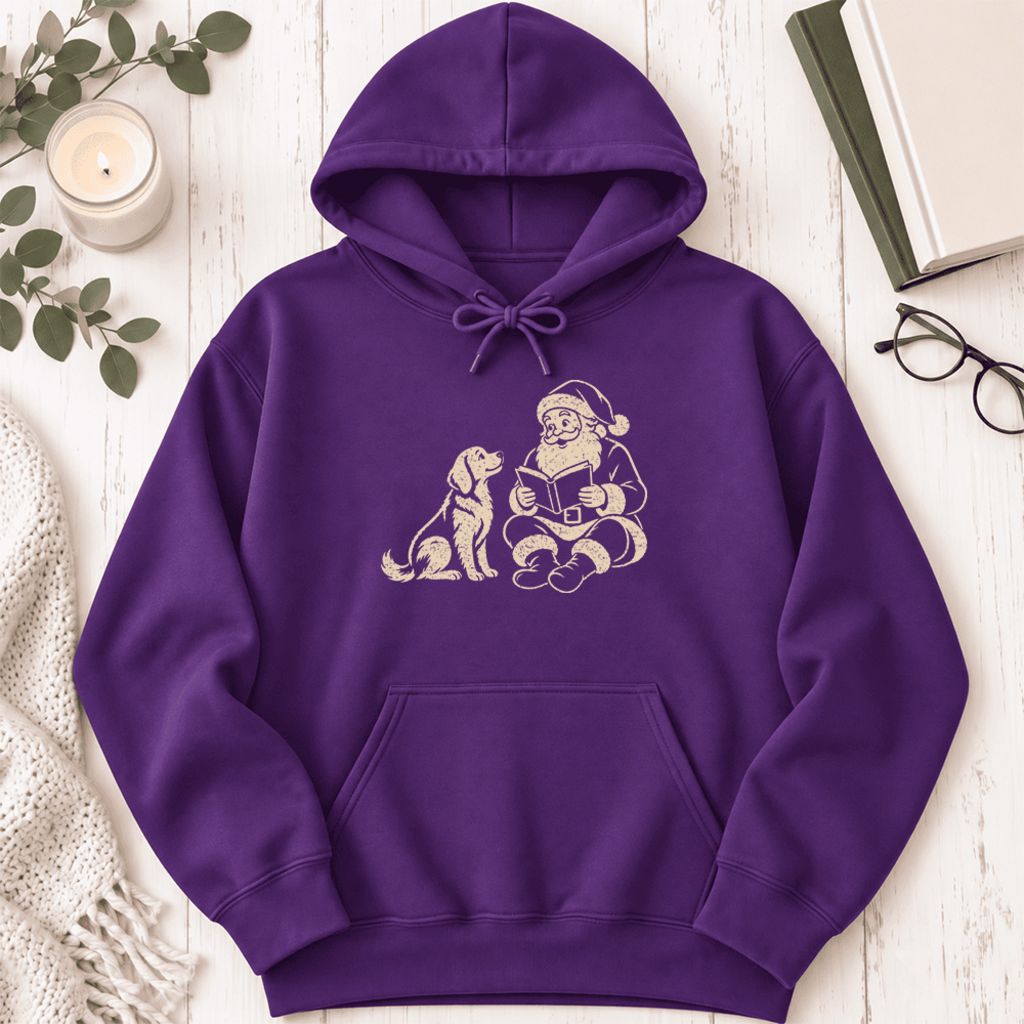 Funny Dog With Santa Christmas Softstyle Hoodie | Christmas Gift For Dog & Book Lover Purple