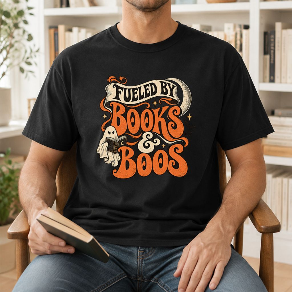 Fueled By Books & Boos Printed T-Shirt | Halloween Book Lover Gift Black