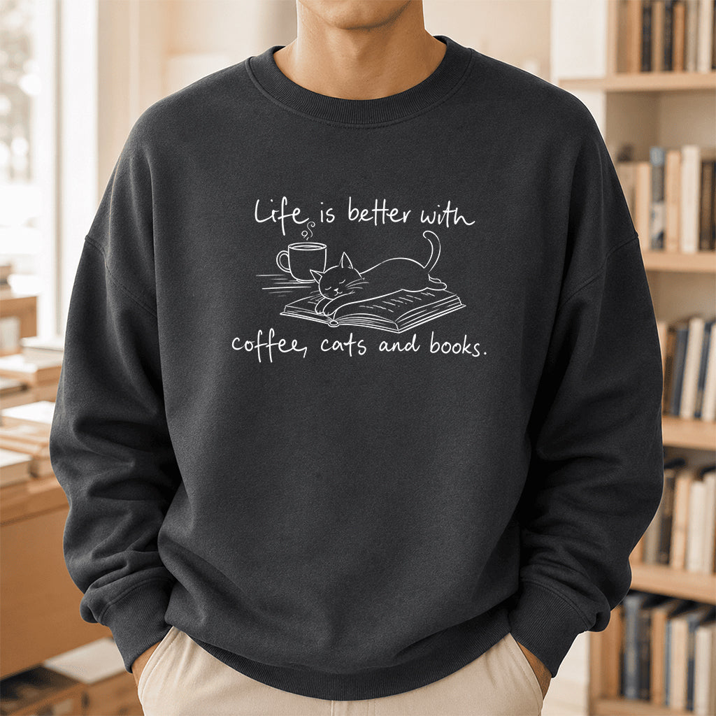 Funny Cats and Books Crewneck Sweatshirt | Reader Gift Dark Heather