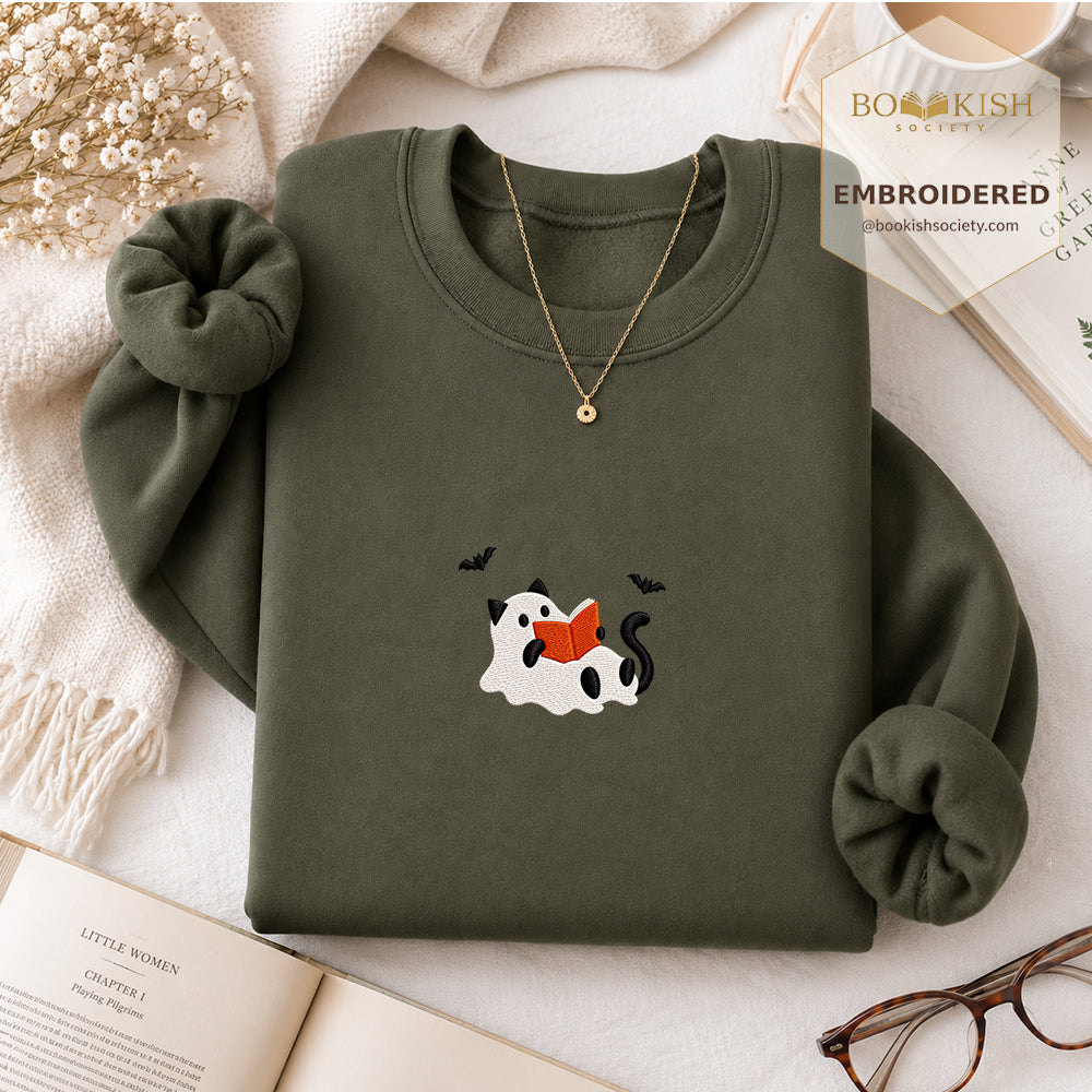 Reading Ghost Cat Embroidered Sweatshirt | Spooky Halloween Reader Gift Military Green