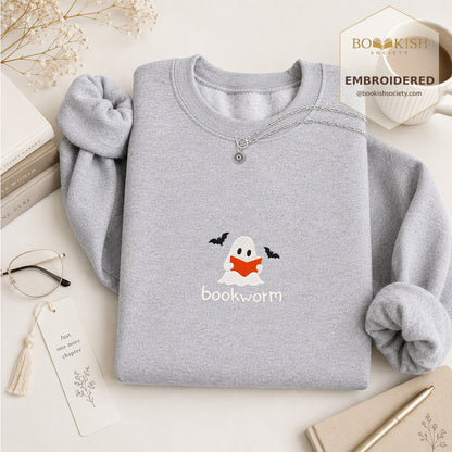 Bookworm Embroidered Sweatshirt | Halloween Book Lover Gift Sport Grey