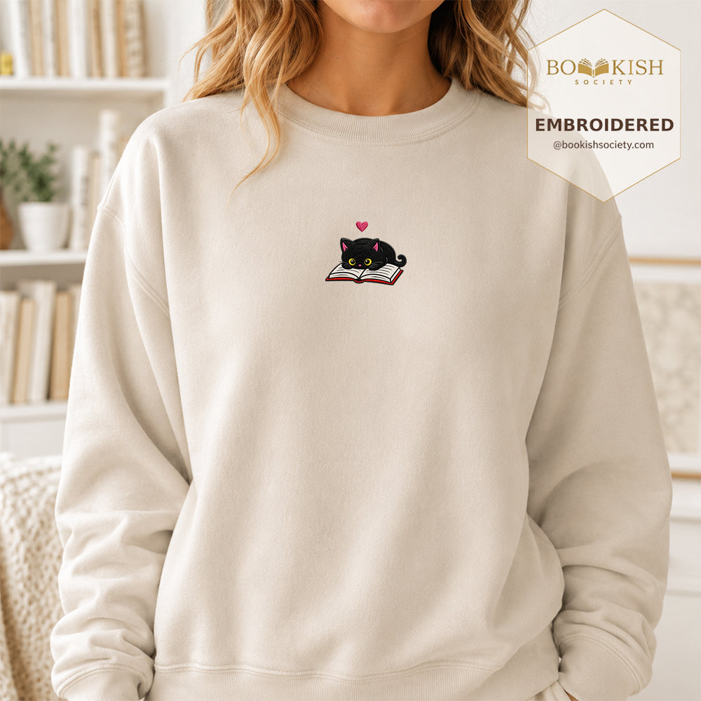 Black Cat and Book Embroidered Sweatshirt | Reader Gift Sand