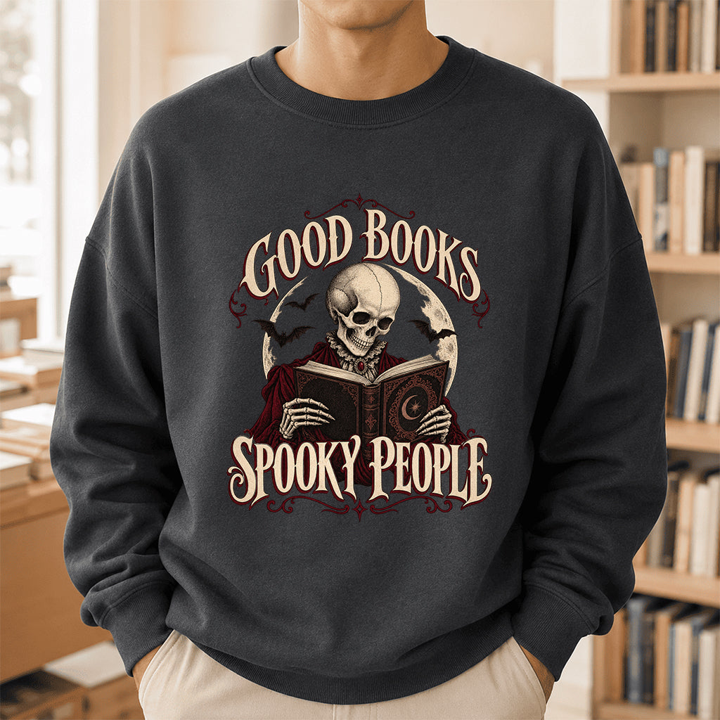 Good Books Spooky People Printed Sweatshirt | Halloween Book Lover Gift Dark Heather