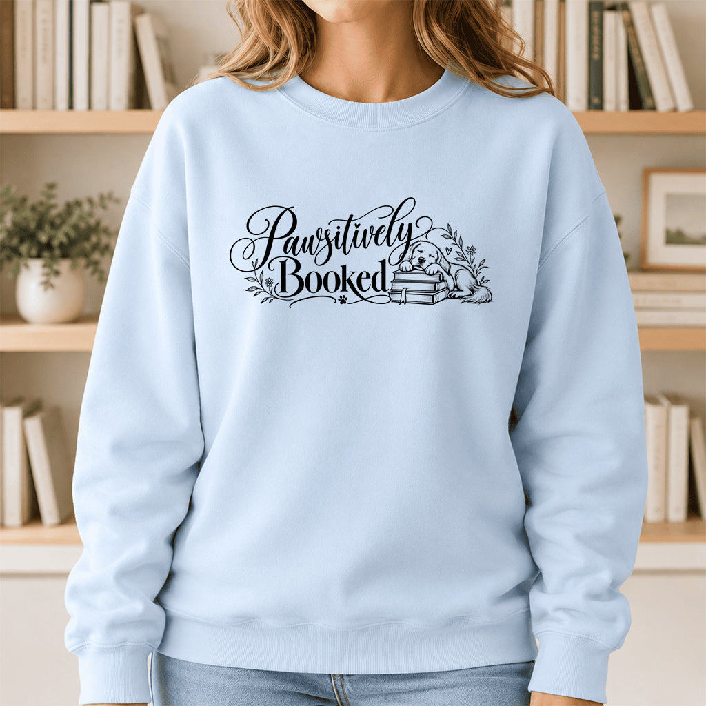Pawsitively Booked Crewneck Sweatshirt | Dog Lover & Reader Gift Light Blue
