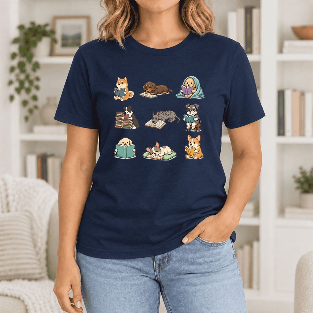 Funny Reading Dogs Ultra-Soft Cotton T-Shirt | Dog Mom Reader Gift Navy