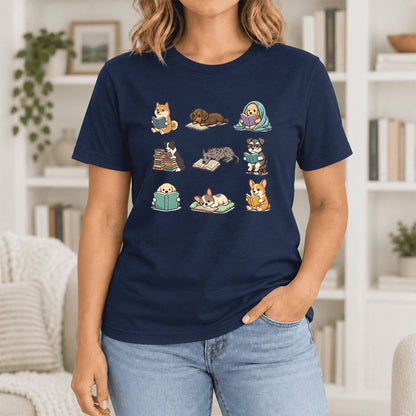 Funny Reading Dogs Ultra-Soft Cotton T-Shirt | Dog Mom Reader Gift Navy