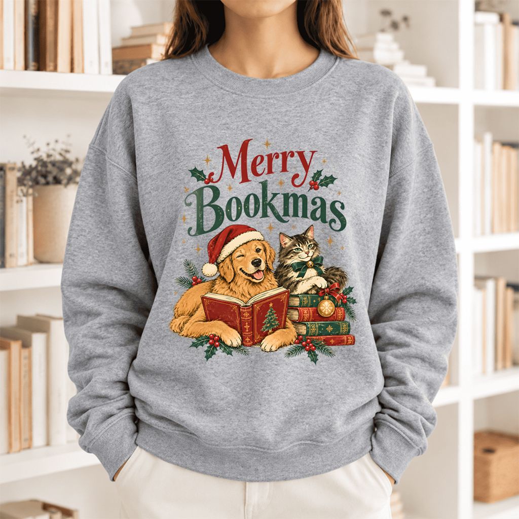 Merry Bookmas Softstyle Sweatshirt | Christmas Book Lover Gift Sport Grey