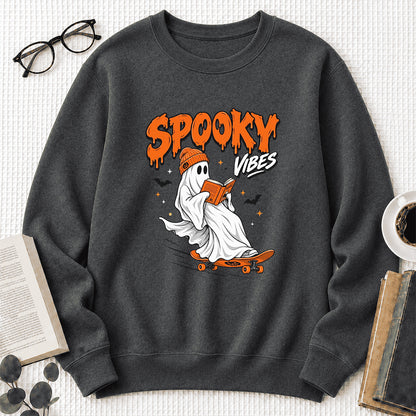 Spooky Vibes Printed Sweatshirt | Halloween Reader Gift Dark Heather