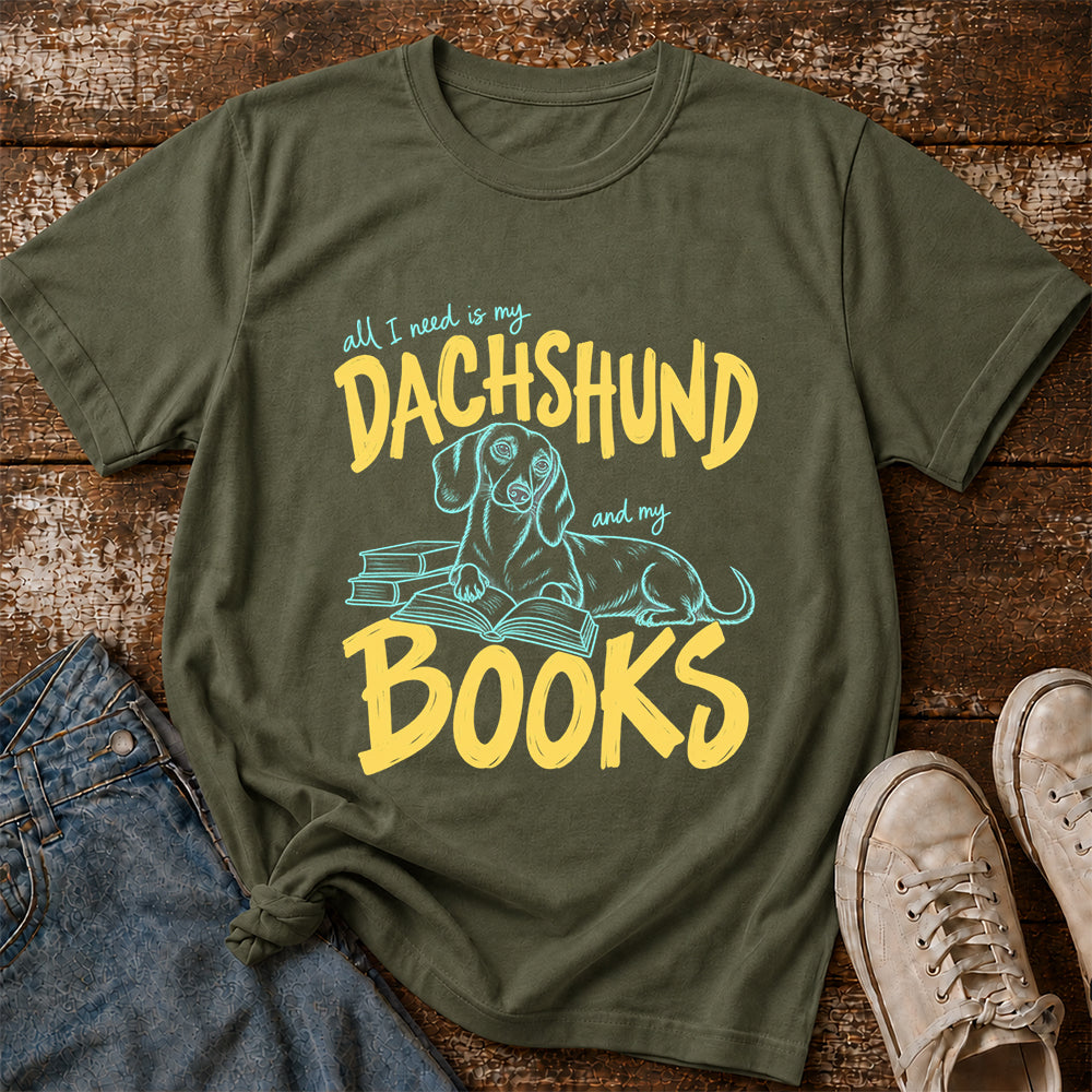 All I Need Is My Dachshund And My Books Softstyle T-Shirt | Book Lover Gift Military Green