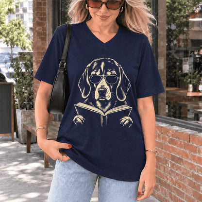 Beagle Reading Book Ultra-Soft V-Neck | Dog Mom Reader Gift Navy