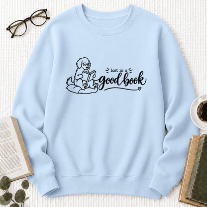 Lost In A Good Book Crewneck Sweatshirt | Dog Lover & Reader Gift Light Blue