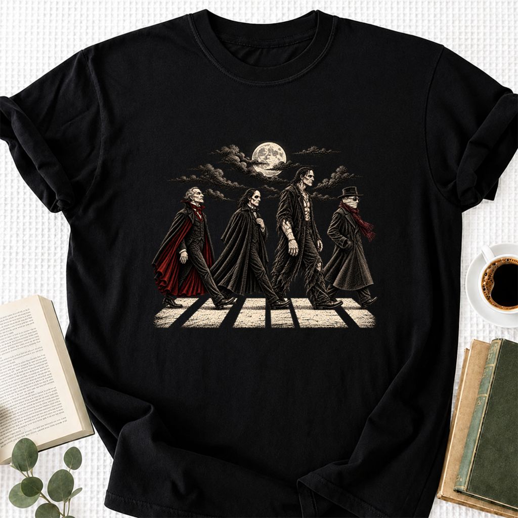 Monsters Road Printed T-Shirt | Halloween Book Lover Gift Black