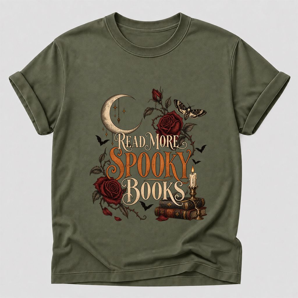 Read More Spooky Books Printed T-Shirt | Halloween Book Lover Gift Military Green