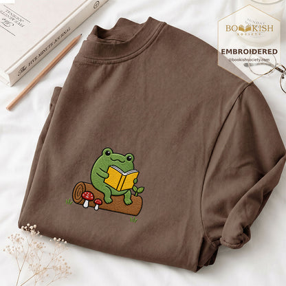 Embroidered Frog on Log Reading Book Comfort Color® T-shirt Book Lover Gift Espresso