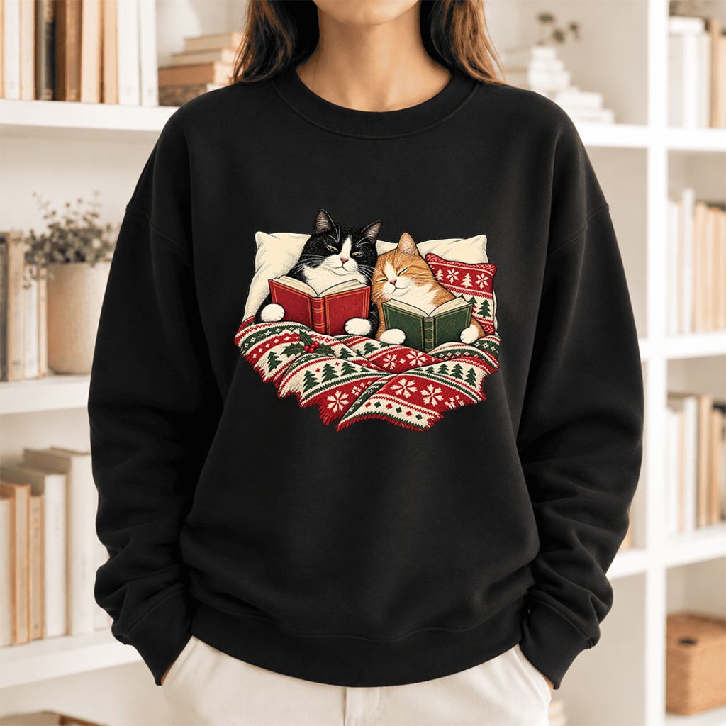 Christmas Reading Cat Couple Softstyle Sweatshirt | Cozy Christmas Gift Black