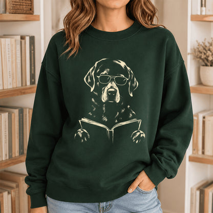 Labrador Retriever Reading Book Crewneck Sweatshirt | Reader Gift Forest Green