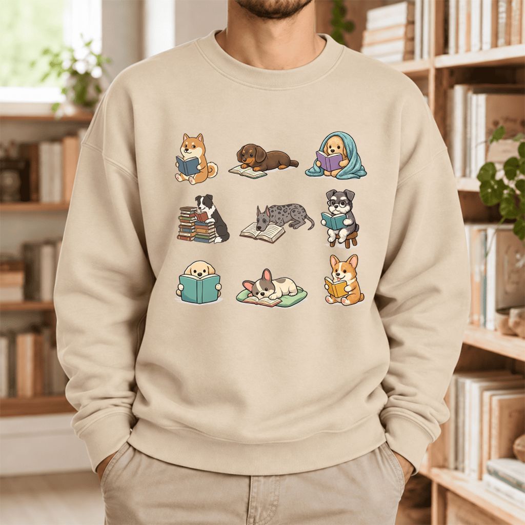Funny Reading Dogs Embroidered Sweatshirt | Dog Mom Reader Gift Sand