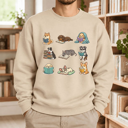 Funny Reading Dogs Embroidered Sweatshirt | Dog Mom Reader Gift Sand
