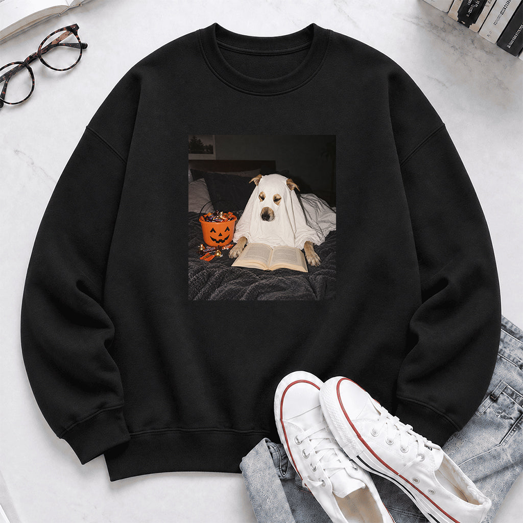 Cute Reading Ghost Dog Printed Sweatshirt | Halloween Book Lover Gift Black