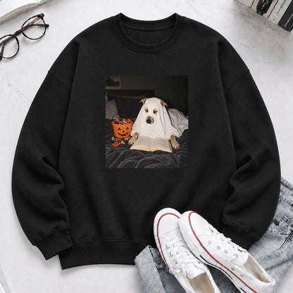 Cute Reading Ghost Dog Printed Sweatshirt | Halloween Book Lover Gift Black