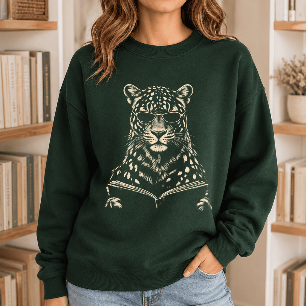 Leopard Reading Book Crewneck Sweatshirt | Reader Gift Forest Green