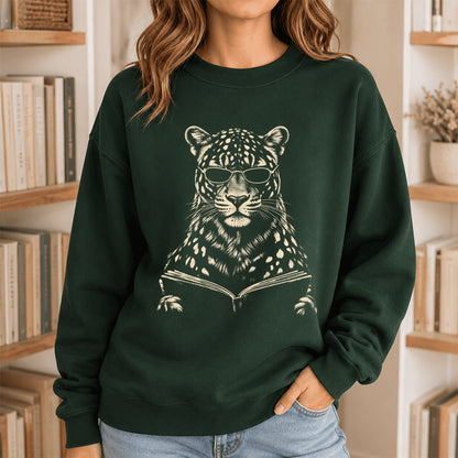 Leopard Reading Book Crewneck Sweatshirt | Reader Gift Forest Green