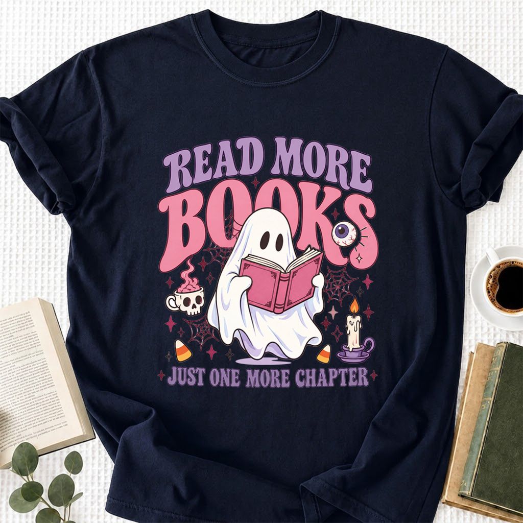 Read More Books Ghost Printed T-Shirt | Halloween Book Lover Gift Navy