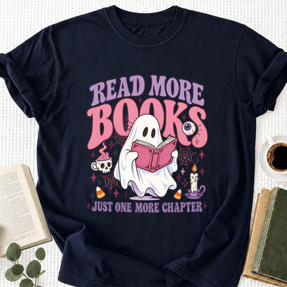 Read More Books Ghost Printed T-Shirt | Halloween Book Lover Gift Navy