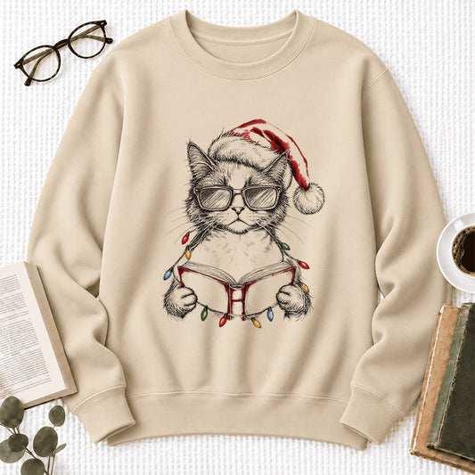 Cool Reading Cat Softstyle Sweatshirt | Christmas Book Lover Gift Sand