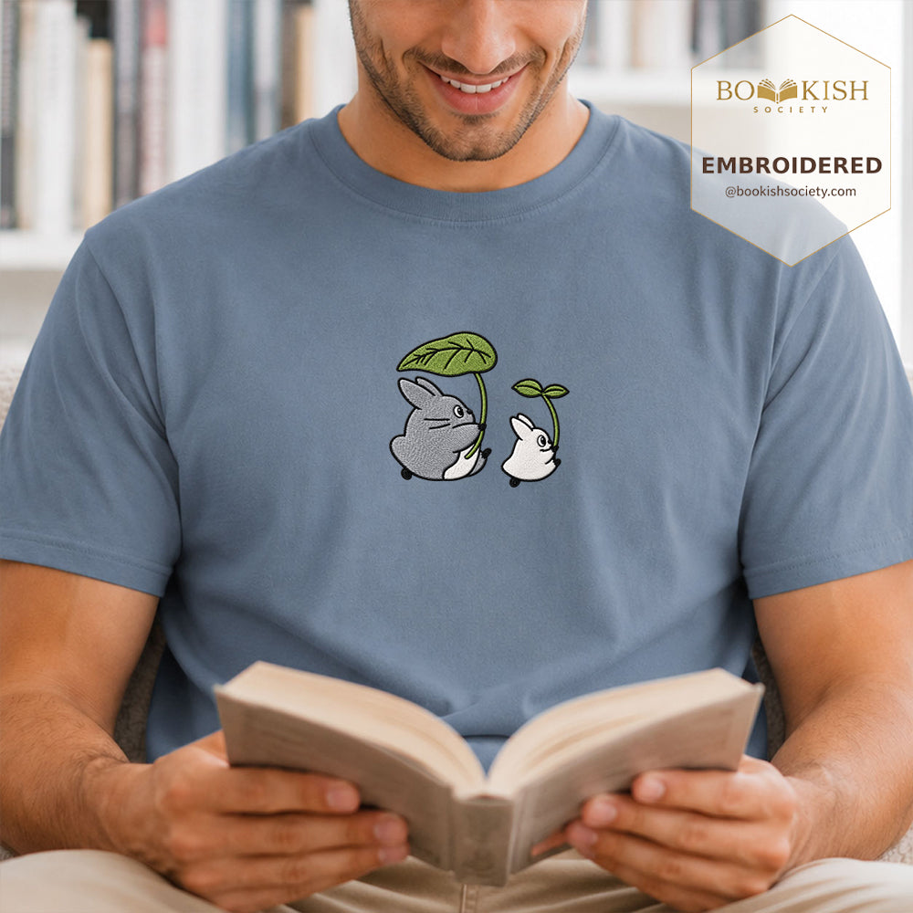 Embroidered Forest Spirits and Flowers Comfort Color® T-shirt Book Lover Gift Blue Jean