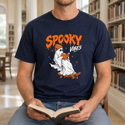 Spooky Vibes Printed T-Shirt | Halloween Book Lover Gift Navy