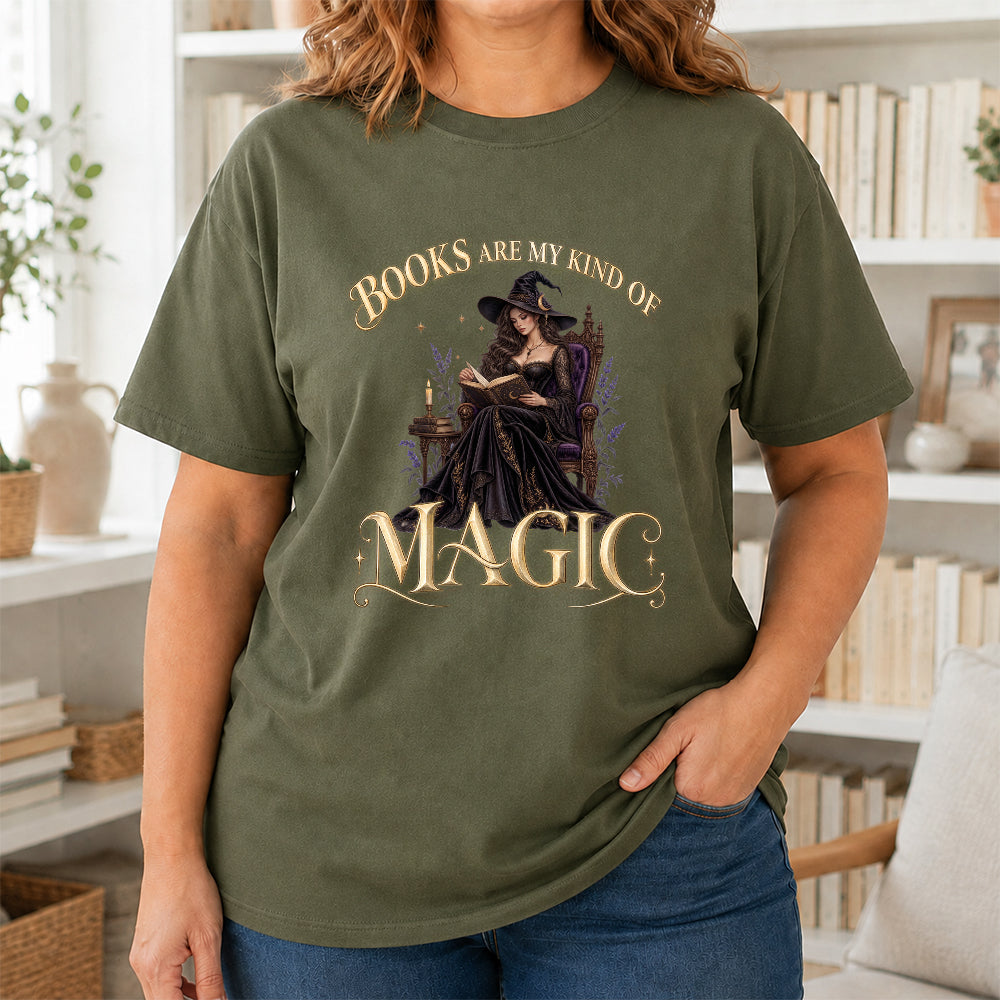 Books Are My Kind Of Magic Printed T-Shirt | Halloween Feminine Magic Reader Gift Military Green