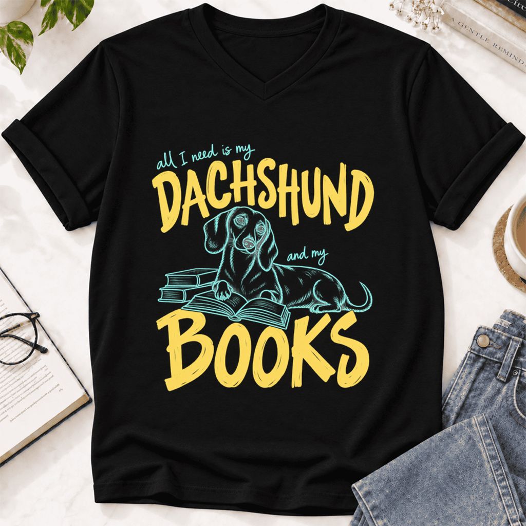 All I Need Is My Dachshund And My Books Ultra-Soft V-Neck | Dog Mom Reader Gift Black