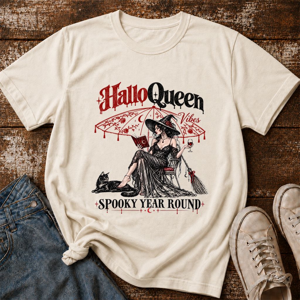 Halloqueen Spooky Year Round Printed T-Shirt | Halloween Book Lover Gift Natural