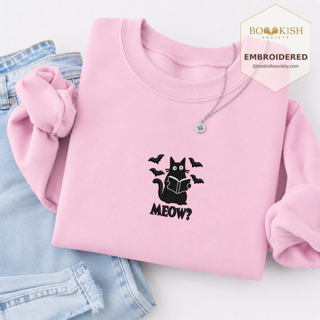 Halloween Meow Embroidered Sweatshirt | Spooky Book Lover Gift Light Pink