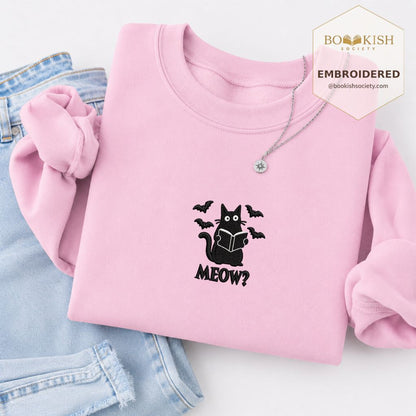 Halloween Meow Embroidered Sweatshirt | Spooky Book Lover Gift Light Pink