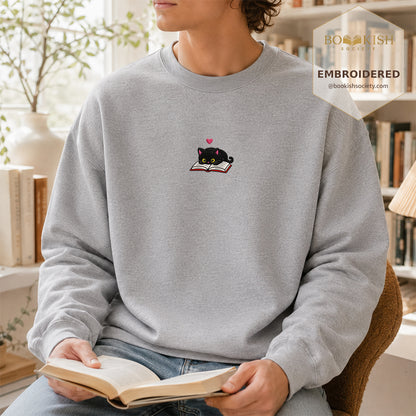 Black Cat and Book Embroidered Sweatshirt | Reader Gift Sport Grey