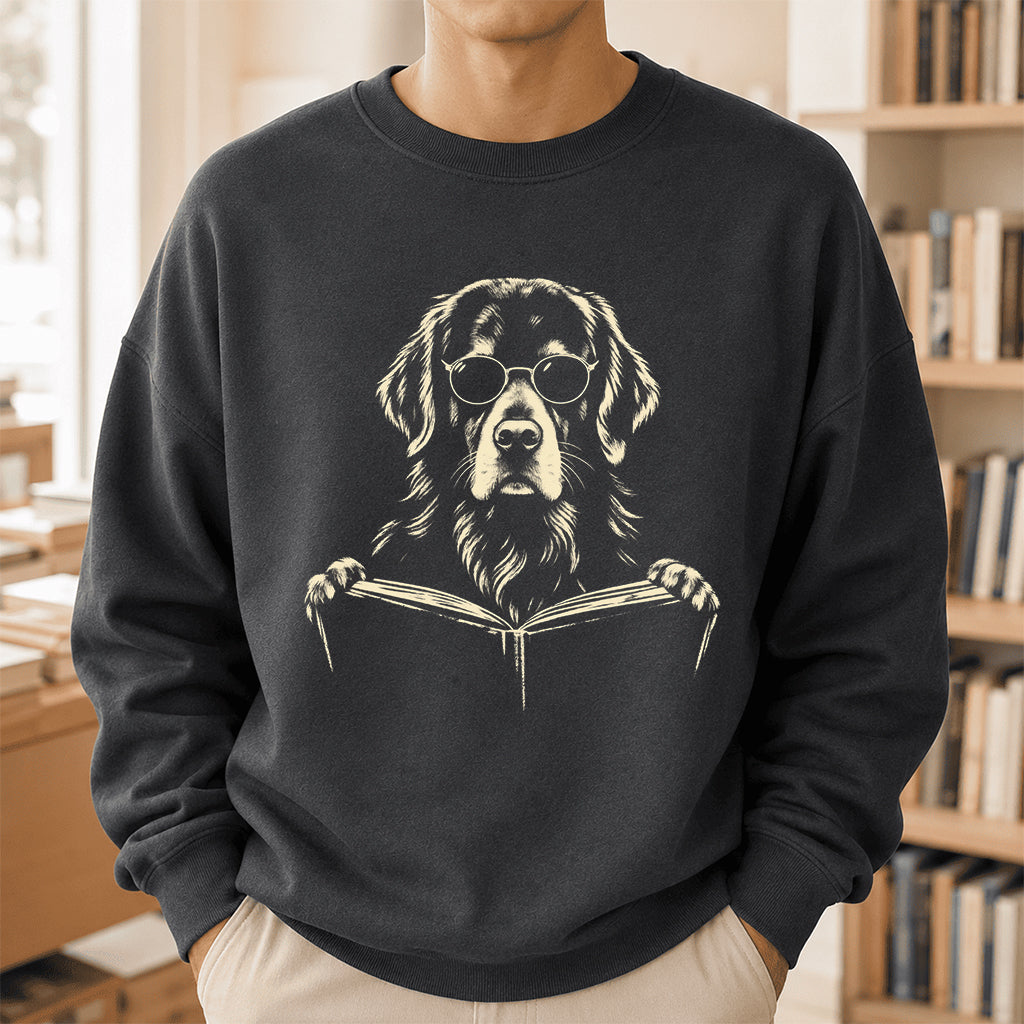 Golden Retriever Reading Book Crewneck Sweatshirt | Reader Gift Dark Heather