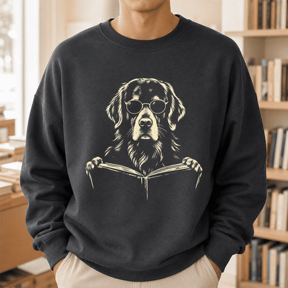 Golden Retriever Reading Book Crewneck Sweatshirt | Reader Gift Dark Heather