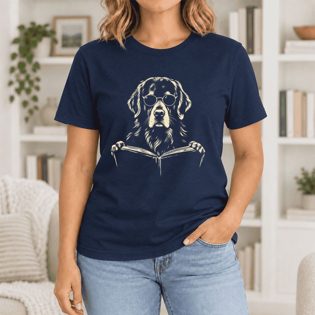 Golden Retriever Reading Book Ultra-Soft Cotton T-Shirt | Dog Mom Reader Gift Navy