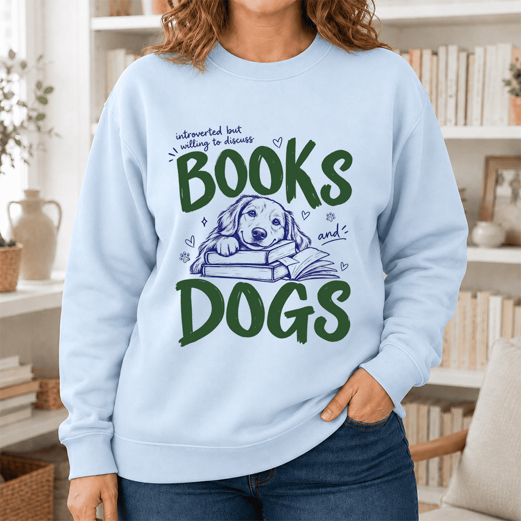 Introverted But Willing To Discuss Books And Dogs Crewneck Sweatshirt | Dog Lover & Reader Gift Light Blue