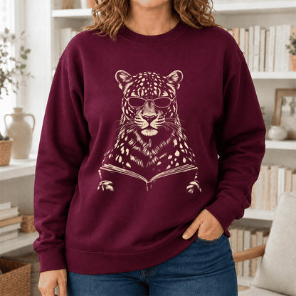Leopard Reading Book Crewneck Sweatshirt | Reader Gift Maroon