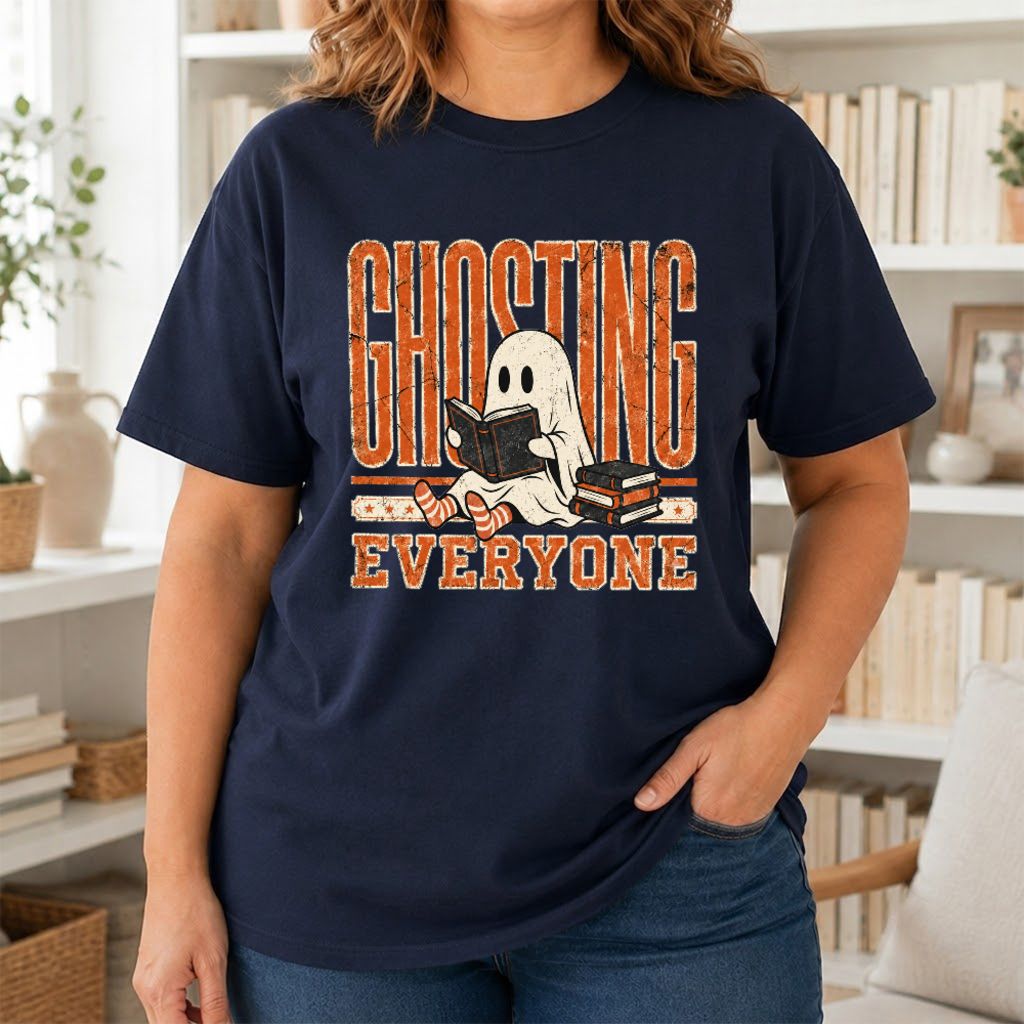 "Ghosting Everyone" Printed T-Shirt | Halloween Reader Gift Navy
