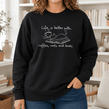 Funny Cats and Books Crewneck Sweatshirt | Reader Gift Black